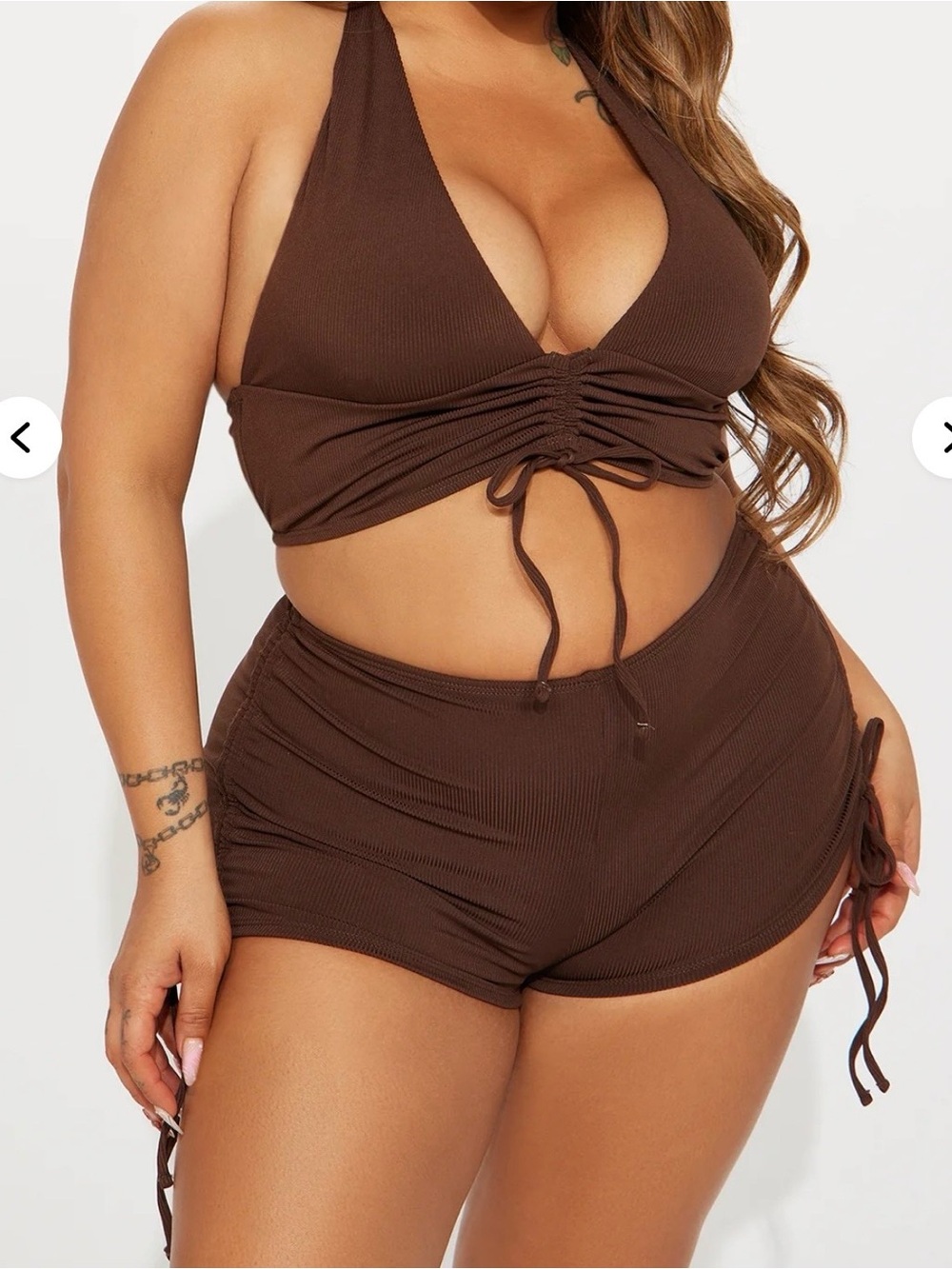 Fashion Nova Brown Ruched Halter Bikini Top & Shorts